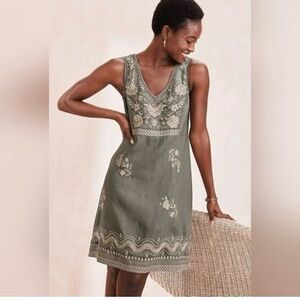 Johnny Was Briar Embroidered Linen Sleeveless Shirt Dress Boho XS Coastal Gray